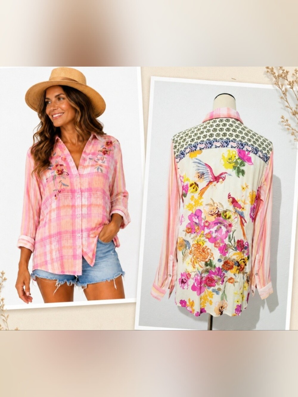 John Mark Embroidered Floral Bird Button Front Blouse Pink Plaid Tunic Small